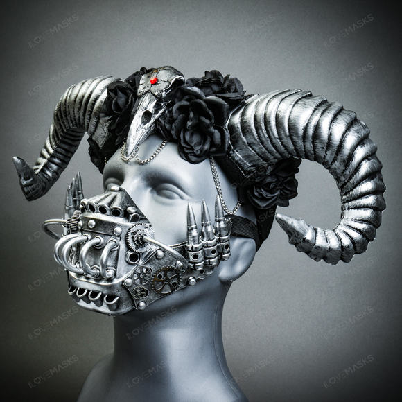 Silver Raven Ram Horn Headband with Steampunk Mouth Mask Hallween Party Costume - Picture 1 of 6